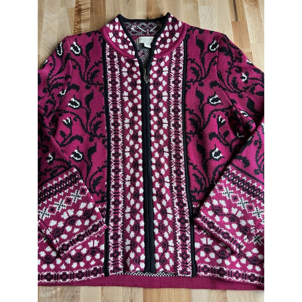 Appleseed's Full Zip Sweater Cardigan Wool Blend Nordic Fair Isle Pink Petite M
